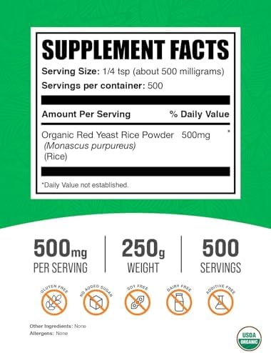 BulkSupplements.com Organic Red Yeast Rice Powder - Organic Red Yeast Rice Supplement, for Heart Health Support - Vegan Friendly, 500mg per Serving, 250g (8.8 oz) (Pack of 1)