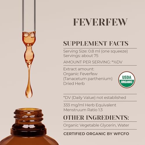 Feverfew USDA Organic Alcohol-Free Extract | Dietary Supplement, High-Potency Tincture | Natural Certified Organic Feverfew (Tanacetum parthenium) Dried Herb (2 oz)