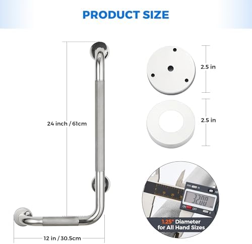 2 Pack L-Shaped Grab Bars for Shower, 24x12 Inch Stainless Steel Grab Bars for Elderly for Wall Mount, Anti-Slip Knurled Grip Bathroom Safety Rail, Right