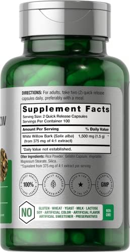 Horbäach White Willow Bark Capsules | 200 Pills | Max Strength | Non-GMO, Gluten Free Herb Extract