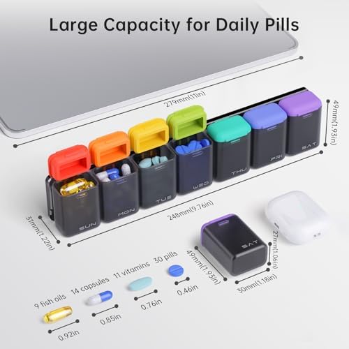 KOVIUU Weekly Pill Organizer Magnetic, Removable Pill Box 7 Day 1 Time a Day, Large Travel Pill Case, Week Once Daily Medication Dispenser, Medicine Container Holder for Supplement, Vitamin, Black