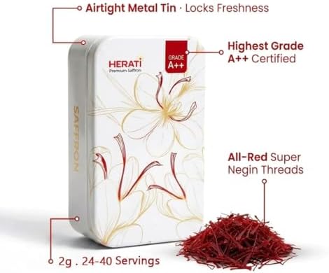 Herati Saffron Super Negin Grade 1 Threads 2 Grams Tin Box, Award Winning Afghan Saffron Direct From Farm, Hand Harvested Pure All Red Threads For Tea Paella Rice Biryani Golden Milk