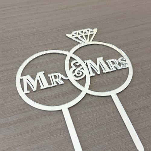 Diamond Ring, Mr & Mrs Cake Topper, Bride and Groom Cake Topper, Wedding Anniversary Bridal Shower, Engagement Decorations, Wedding Party Decorations Supplies, Mirror Silver Acrylic