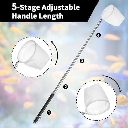 2 PCS Aquarium Shrimp Net, 2 Inch Small Fish Nets for Fish Tank with Long Extendable Stainless Steel Handle, Round Fine Mesh Net for Fishes Shrimp Tank Pond Creek Food Residue Debris Skimming Tool