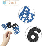 Bro I'm 6 Cupcake Toppers - Boy Six Years Old Bithday - Happy 6th Birthday Party Decoration Supplies Black Blue Glitter - 24 Pcs