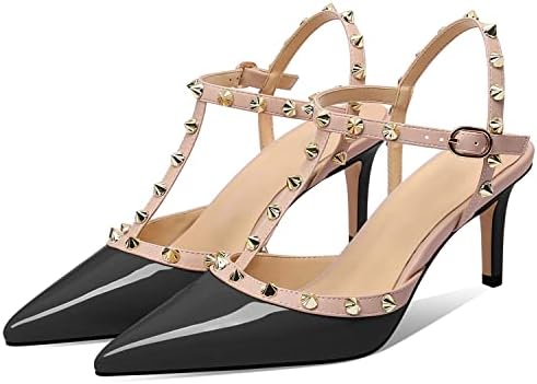 XINIUNIU Studded Heels for Women Kitten Heels with Studs Stiletto Sandals with Rivet Ankle Strap Patent Leather Pointy Toe 2.5 Inch Party Daily Wear Evening Sandals