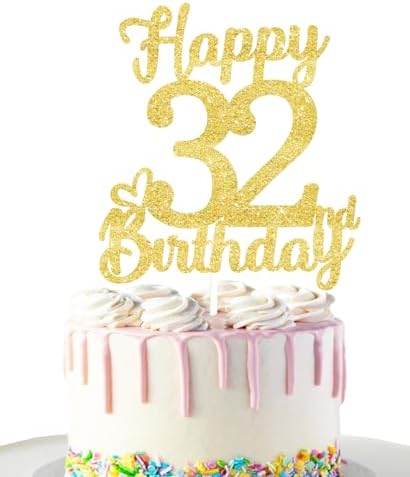 32 Birthday Cake Toppers - Gold Glitter, 32nd Birthday Decorations for Men & Women