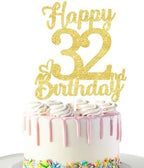 32 Birthday Cake Toppers - Gold Glitter, 32nd Birthday Decorations for Men & Women