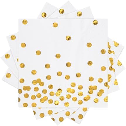 80 Pack of White Paper Cocktail Napkins with Gold Foil Polka Dot Confetti，Polka Dot Party Supplies(5 x 5 in，3-ply) (gold)