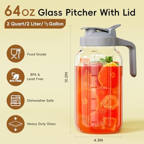 Glass Mason Jar Pitcher, 64 oz Wide Mouth Jug with Pour Spout Handle Lid for Cold Brew Coffee, Ice Beverage, Iced Juice, Lemonade, Sun Tea, Fruit Drinks Container(Gray)