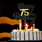 75th Happy Birthday Cake Topper, Glitter Happy 75th Birthday Cake Topper for Birthday Party Cake Decoration(Black with Gold)