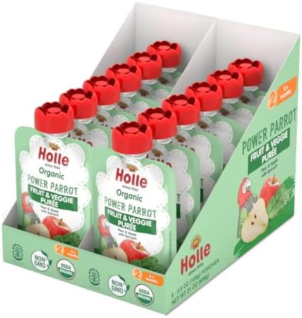 Holle Organic Power Parrot Fruit & Veggie Puree Pouches, Pear Apple Spinach, 12 Count (3.5 oz Pouches)