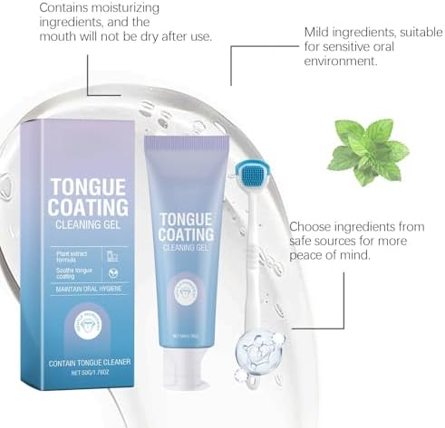 Tongue Cleaner Gel with Brush, Fresh Breath Oral Care Kit, Daily Cleaning Gel for Tongue Coating Buildup, Peppermint & Spearmint, 50g/1.76 Oz