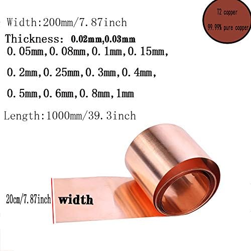 Pure Copper Foil Metal Copper Sheet Plate Cut Material Rolls- General Use DIY Or Contractors 200 * 1000Mm,0.06mm*200mm*1000mm