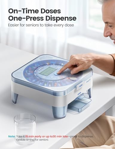 28-Day(1X) Automatic Pill Dispenser – One-Press Daily Dispense (No APP), Easy-to-Use Slide-Door Cup, Sound & Light Alerts, Moisture-Proof Dual Desiccants, Large Compartments for Tablets & Capsules