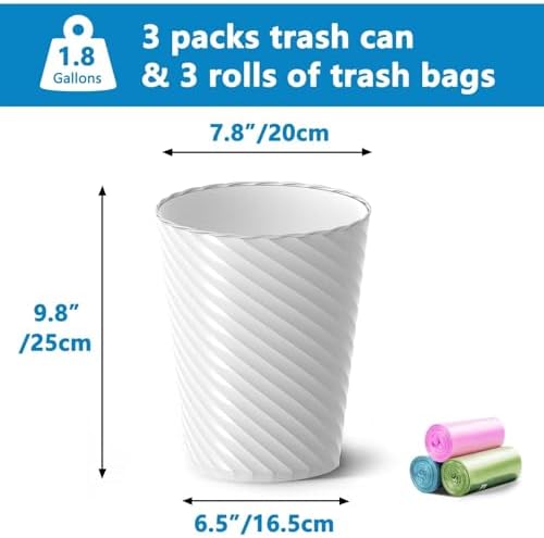 Bathroom Trash Can, 3 Pack 1.8 Gallons Small Trash Can with Trash Bags, Bathroom Garbage Can, Plastic Trash Bin, Round Waste Basket for Living Room, Bedroom, Office, Kitchen, Compact Space (White)