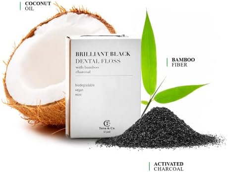 Terra & Co., Brilliant Black Dental Floss (32 Yards) | Organic Teeth Whitening Products | All Natural, with Activated Bamboo Charcoal | Vegan & Cruelty Free | Luxury Dental Care