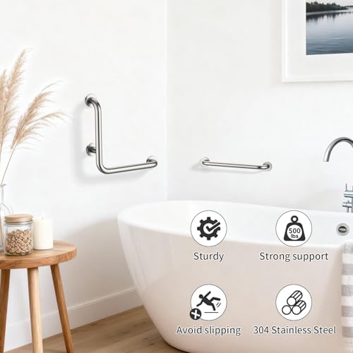 L-Shaped Angled Shower Grab Bar w/Straight Bathroom Safety Handrail 16 Inch, iHansee Brushed Nickel Handicap Grab Bar Wall Mounted, Toilet Bathtub Balance Support Bar for Elderly Seniors Injury