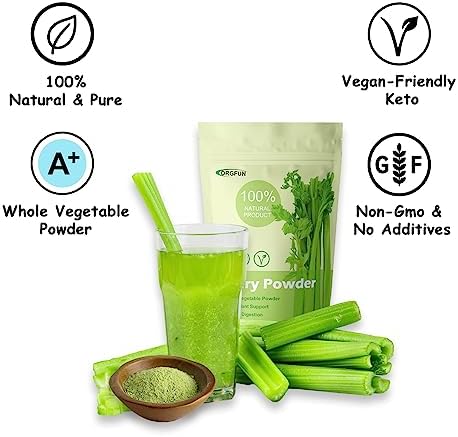 ORGFUN Celery Powder 100% Nature Fresh Celery Juice Powder, Locally Sourced No Additives Gluten Free Prefer for Drinks, Smoothies 5.3 Oz