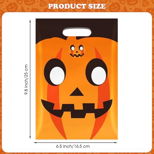 50 Pcs Halloween Goodie Bags with Handles, Happy Halloween Treat Bag, Plastic Trick or Treat Pumpkin Gift Goody Candy Cookie Snack Party Favor Bags Bulk for Trick or Treating Helloween Party Supplies