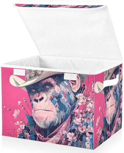 Collapsible Storage Basket with Lid Comic Gorilla Print 1 Pack, Storage Organizer Cube Bin for Home Office