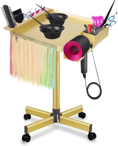 Salon Señor Multi-Function Salon Tray,Extension Hair Cart,Hairstylist Rolling Cart with Storage Platform and Hair Separator Stand,Gold