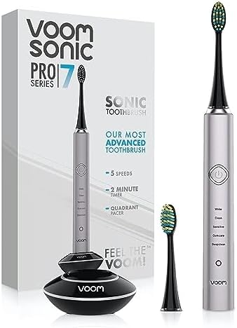 Voom Sonic Pro 7 Rechargeable Electronic Toothbrush + Pro 7 Series Replacement Brush Heads - 2-Minute Timer with Quadrant Pacing & 5 Adjustable Speeds,Soft Dupont Nylon Bristles Oral Care - Sliver