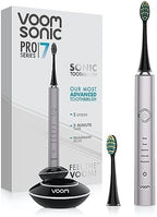 Voom Sonic Pro 7 Rechargeable Electronic Toothbrush + Pro 7 Series Replacement Brush Heads - 2-Minute Timer with Quadrant Pacing & 5 Adjustable Speeds,Soft Dupont Nylon Bristles Oral Care - Sliver