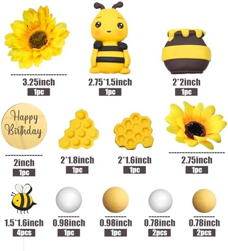 17 PCS Bee Cake Topper Happy bee day Cake Topper Honeycomb Sunflower Cake Decoration for Honeycomb Theme Birthday Party Supplies