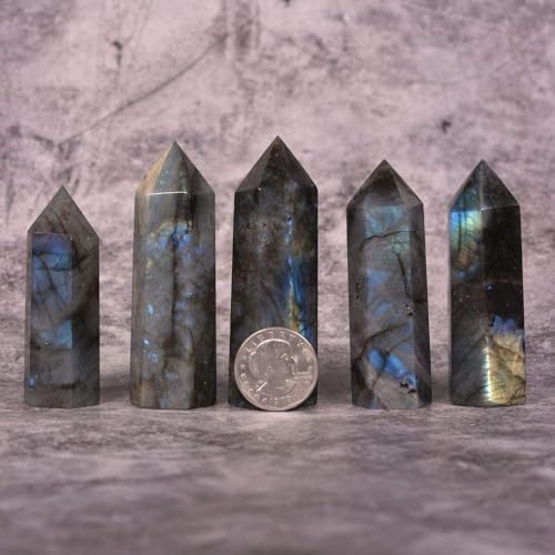 Angelstones Natural Labradorite Gemstone Healing Crystal Hexagonal Pointed Reiki Chakra Faceted Prism Wand Carved Stone Figurine Home Decor