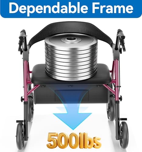 HOMLAND Bariatric Walkers for Seniors, 500lb Heavy Duty Rollator Walker with Extra Wide Padded Seat, 8” All Terrain Foldable Rolling Walker with Dual-Height Adjustable