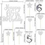 Gyufise 15Pcs Happy 65th Birthday Cake Topper Set with Heart Star Glitter Cheers to 65 Years Cake Picks Number 65 Candles Cake Decorations for Happy 65th Birthday Anniversary Party Supplies Silver