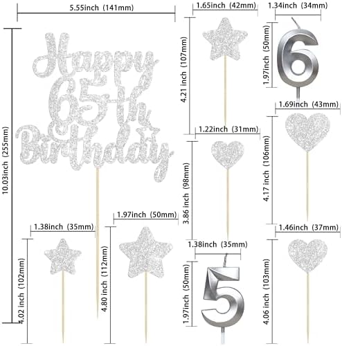 Gyufise 15Pcs Happy 65th Birthday Cake Topper Set with Heart Star Glitter Cheers to 65 Years Cake Picks Number 65 Candles Cake Decorations for Happy 65th Birthday Anniversary Party Supplies Silver