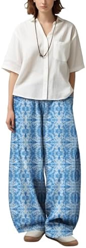 Women's Blue White Tie Dye Wide Leg Pants Flowy Fall Lounge Trousers Relaxed Fit Breathable Beach Yoga Casual