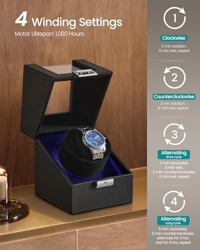 SONGMICS Automatic Single Watch Winder Box with Quiet Motor, for Automatic Watches, with LED Light, Adjustable Pillow, Lock, 4 Winding Settings, Includes a USB-C Charging Cable, Black UJWB030B01