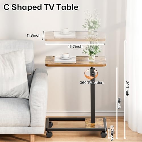 Adjustable TV Tray Table - 360° Rotating C Shaped End Side Table Sofa Couch Bed Table with Wheels for Eating Living Room Laptop