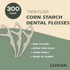 Natural Dental Floss Picks (300 Count) - Kraft Paper Box Packaging, Plant Based, PETA Approved Vegan, Eco Friendly, Sustainable Dental Flossers - Twin Floss (Mint)