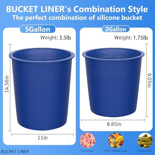 2PCS Bucket Liner, Blue Silicone Bucket Insert for 5 & 2 Gallon Buckets, Reusable for Concrete Mix & Thinset
