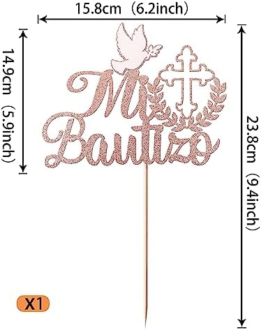 1 Pack Spanish Mi Bautizo Cake Topper Glitter Cross First Holy Communion Baptism Cake Pick for Religious God Bless Baptism Baby Shower First Communion Cake Decoration Party Supplies Rose Gold