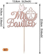 1 Pack Spanish Mi Bautizo Cake Topper Glitter Cross First Holy Communion Baptism Cake Pick for Religious God Bless Baptism Baby Shower First Communion Cake Decoration Party Supplies Rose Gold