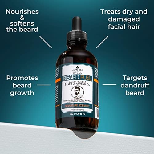 Nature Spell Beard Growth Oil, XL Bottle, 3.72 Fl Oz, Promotes Thicker, Fuller Beard & Mustache, Infused with Argan, Jojoba & Castor Oils, Nourishing Facial Hair Formula For Men, Vegan & Paraben Free