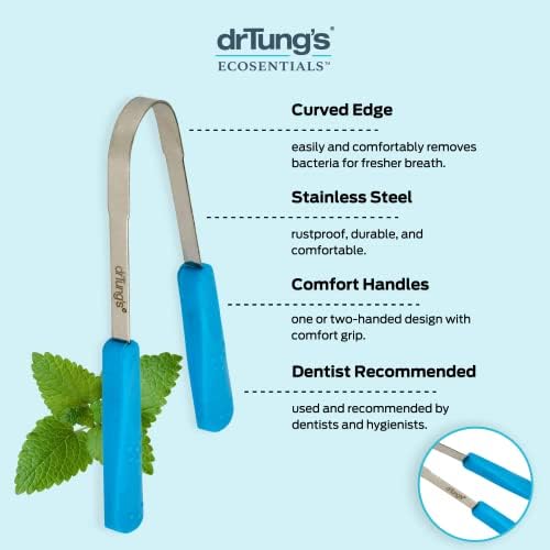 drTung's Stainless Steel Metal Tongue Scraper - Tongue Cleaner for Adults, Kids, Helps Freshen Breath, Easy to Use Comfort Grip Handle, Comes with Fabric Travel Pouch - 1 Pack