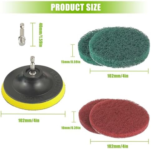 4 Inch Scrub Drill Brush Power Scouring Pads Household Cleaning Set for Kitchen Bathroom 4 Red Pads 4 Green Pads 1 Drill Attachment and 1 Universal Shaft