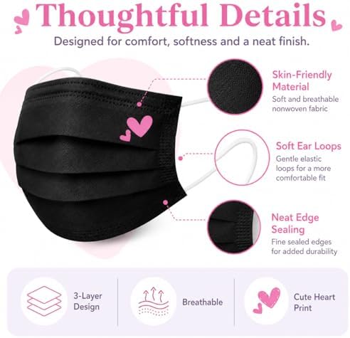 50Pcs Cute Pink Face Masks,Valentine Disposable Face Mask, Pink And Black Masks with Hearts Printed,3Ply Full Face Protection