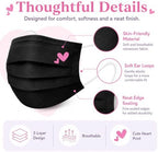 50Pcs Cute Pink Face Masks,Valentine Disposable Face Mask, Pink And Black Masks with Hearts Printed,3Ply Full Face Protection