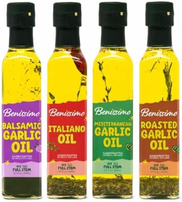 Benissimo Herb Infused Cooking Oil Chef Pack – 4 Artisan Flavored Oils: Italiano, Roasted Garlic, Mediterranean Garlic & Balsamic Garlic – Gourmet Cooking Oil Gift Set, All Natural, 8.1 fl oz Each