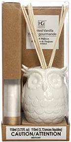 Hosley Aromatherapy Vanilla Diffuser Oil with Ceramic Owl Farmhouse Bottle & Reed Sticks - 110ml Ideal Gift for Home Decor, Bathroom Decor, Room Decor, Spa, Meditation, Weddings