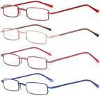 REAVEE 4 Pack Slim Pen Reading Glasses for Women Stylish Small Metal Tube Readers Spring Hinge with Portable Clip Case, Red Gold Pink Blue 2.0