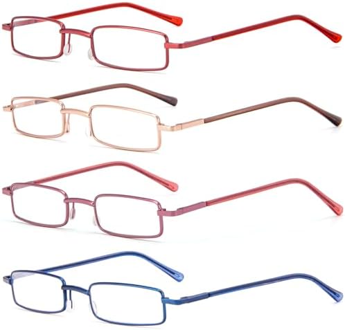 REAVEE 4 Pack Slim Pen Reading Glasses for Women Stylish Small Metal Tube Readers Spring Hinge with Portable Clip Case, Red Gold Pink Blue 2.0