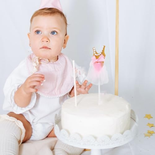 COHEALI 5Pcs Gold Pearl Princess Tutu Cake Toppers | Glitter Ballerina Dress Cupcake Picks for Baby Shower, Girls Birthday Party Decor | Tulle Skirt Cake Decorations